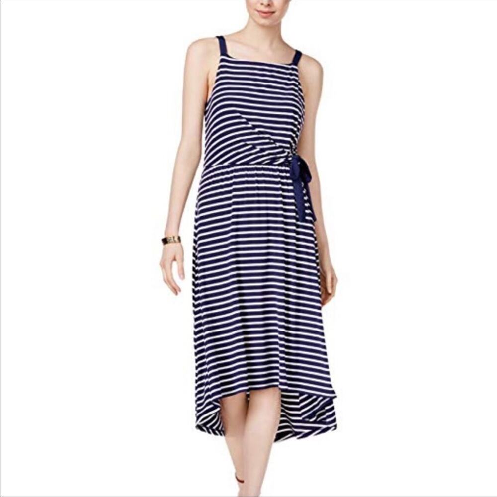 Maison Jules Blue White Striped Sleeveless Dress Hi Low Midi Small Resort Beach